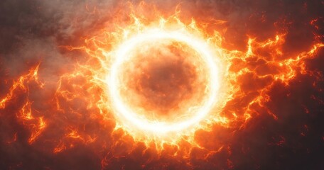 Bright fiery orange ring with glowing electric arcs on a dark smoky background, evoking intense energy and dynamic movement