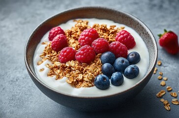 Bowl of creamy yogurt topped with granola, fresh raspberries, and blueberries on a textured surface, evoking a healthy and refreshing morning meal