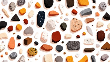 A whimsical, brightly colored flat lay of various sized, oddly shaped stones in shades of tan, gray, orange, black, white, and reddish brown scattered on white