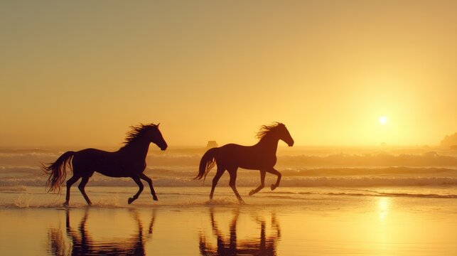 Two horses gallop along a beach at sunset, their silhouettes contrasting the bright, golden sky and reflected in the wet sand - Powered by Adobe