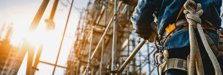 A worker is wearing protective gear to work on a construction site.
