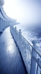 A cruise ship deck recedes into a dense, blue-tinted fog, obscuring the ocean view. White railings line the walkway, leading towards an unseen horizon