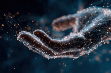 Digital hand made of interconnected nodes, glowing softly against a dark backdrop, symbolizing connection and technology