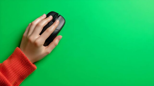 Hand holding black wireless computer mouse green background, red sleeve visible, top view of modern technology device, click workspace concept, digital equipment, ergonomic office accessory