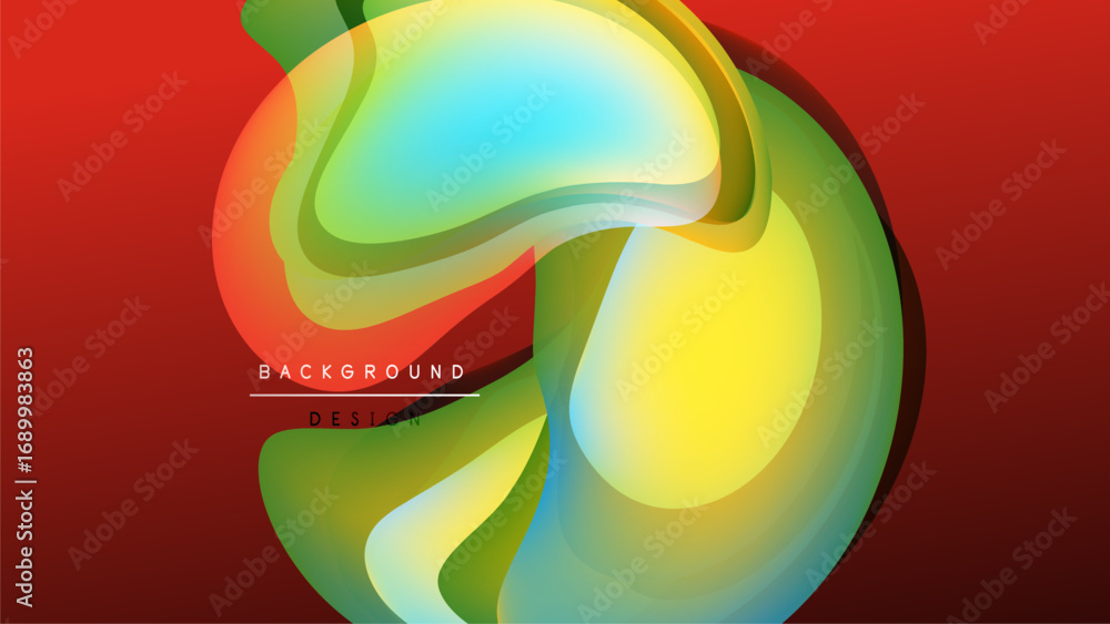 Poster abstract fluid shapes blend, creating vibrant color flow. red background emphasizes dynamic composit