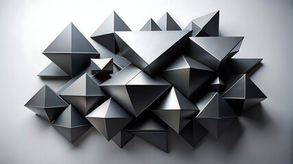 A cluster of metallic, geometric, pyramidshaped objects arranged in a chaotic yet balanced composition