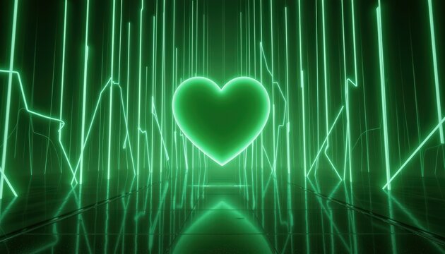 An abstract digital scene where pulses of green neon light converge into a giant glowing heart suspe
