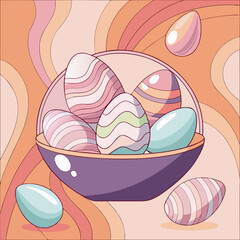 “Pastel Easter Eggs in Bowl with Floating Decorative Eggs on Pink Background”