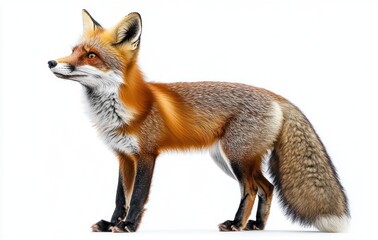 Fototapeta premium Side view of a standing red fox with bright orange fur and bushy tail against a white background showing alert and calm demeanor