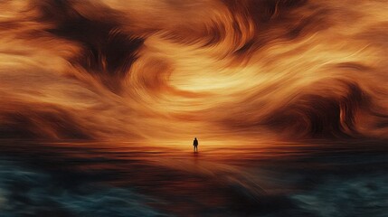 Solitary figure standing on reflective ground beneath swirling fiery orange and dark stormy clouds creating dramatic and intense atmosphere
