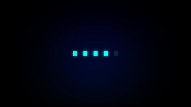 Cyan color loading bar dots looping progress icon.  Loading is indicated by a dot. Typing loading dots on transparent background.