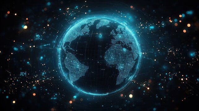 Futuristic digital globe displaying continents with glowing blue grid and interconnected points representing global data network and technology