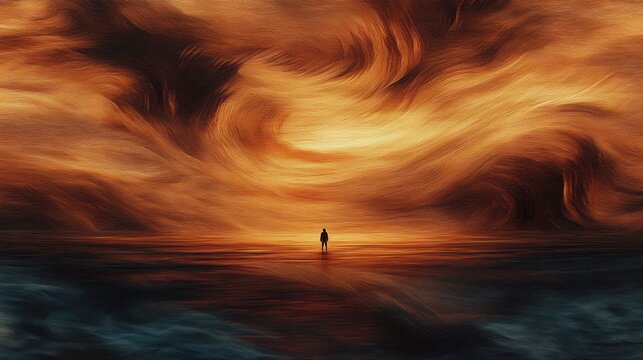 Solitary figure standing on reflective ground beneath swirling fiery orange and dark stormy clouds creating dramatic and intense atmosphere