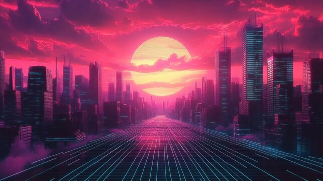 Futuristic cityscape at sunset with neon-lit skyscrapers reflecting pink and purple skies and a glowing large sun on the horizon above a grid-lined road
