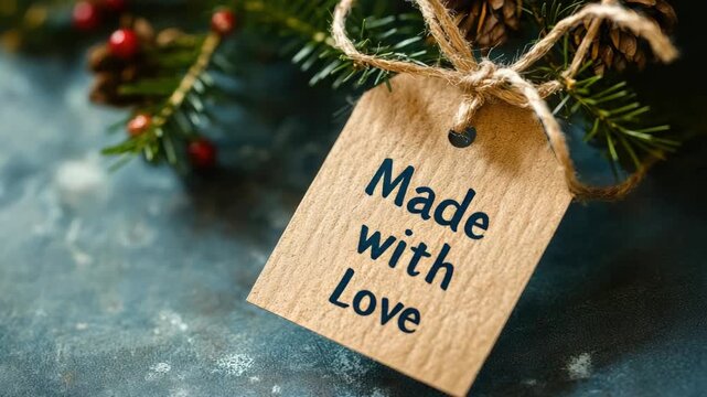 Festive tag with 'Made Love' on rustic background