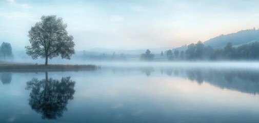 Calm misty lake at dawn with a large solitary tree reflected in the still water and gentle hills in the background under a soft blue sky