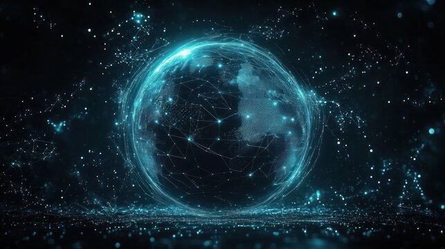 Futuristic digital globe made of glowing interconnected points and lines with a dark cosmic background representing global connectivity and technology