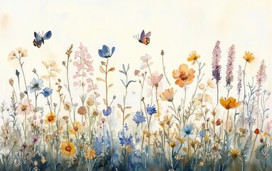 Delicate watercolor scene of wildflowers in soft pastel colors with two butterflies fluttering above, evoking a peaceful and gentle springtime feeling