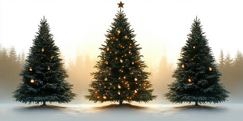 Three snow-covered Christmas trees decorated with glowing golden lights and ornaments standing in a snowy forest clearing during soft warm sunrise or sunset