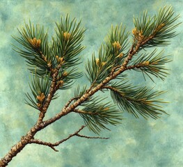 detailed close-up of a pine tree branch with green needles and small cones against a soft blue and green textured background