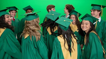 Group of happy diverse students green graduation gowns and caps celebrating achievement and success, smiling together, raising arms excitement, standing front of green background, symbolizing - Powered by Adobe