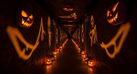 A spooky, endless Halloween corridor adorned with glowing jack-o'-lanterns casting eerie, elongated shadows on the dark walls.