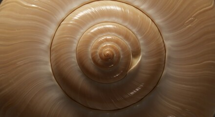 A detailed macro photograph capturing the mesmerizing spiral pattern and smooth texture of a beige seashell.