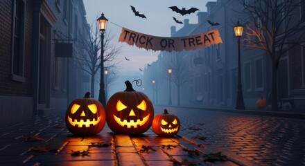 Spooky Halloween street scene with glowing carved pumpkins, bats, and fog
