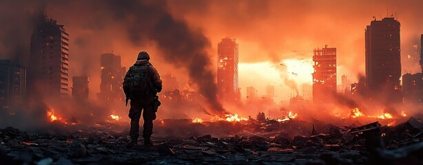 Soldier standing amidst a fiery urban battlefield with burning buildings and thick smoke under an intense orange-red sky, evoking desolation and destruction