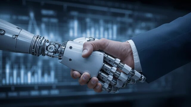 A human hand shakes a robotic hand, symbolizing partnership between humans and technology.