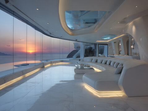 Fototapeta Luxury Home Interior with Ocean View at Sunset