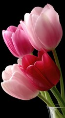 Close-up of several vibrant tulips in shades of pink and red, with soft lighting highlighting their delicate petals against a dark background