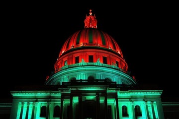 Obraz premium Illuminated large domed building at night with vibrant red and green lighting highlighting its architectural details against a dark sky