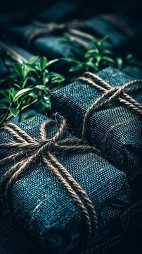 A close-up of wrapped packages tied with natural twine amidst green leaves.