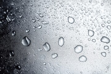 Close-up of water droplets scattered on a smooth reflective glass surface with varying droplet sizes creating a moody and calm atmosphere
