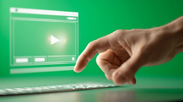 Hand and finger pressing keyboard with digital video player interface green background, technology streaming concept, interactive media, modern digital communication, futuristic innovation