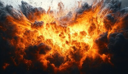 Obraz premium Massive fiery explosion with intense orange flames and thick dark smoke billowing outward