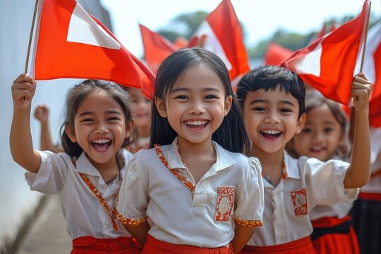 Group of happy school children holding red and white flags smiling outdoors in bright daylight