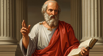 Fototapeta premium Portrait of Plato – Ancient Greek Philosopher Holding a Book in a Classical Temple Setting