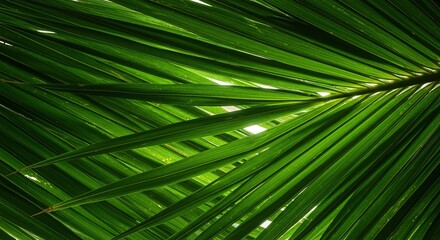 Close-up of vibrant green palm fronds, sunlight filtering through.