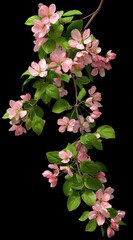 A branch adorned with soft pink blossoms and vibrant green leaves, cascading down against a stark black backdrop. Delicate floral nature illustration
