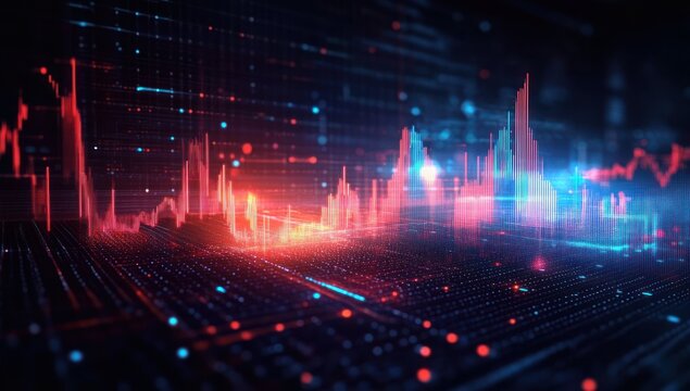Dynamic digital 3D data visualization with glowing red and blue graph lines and fluctuations on a dark grid background representing technology and analytics - Powered by Adobe