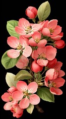Delicate blush-pink blossoms with a vintage aesthetic, detailed stamens and leaves contrasted against a stark black background