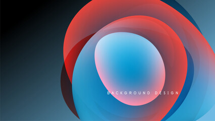 Abstract circles overlap, creating vibrant color gradients. Blue, red, turquoise hues dominate dark background. Modern design element.