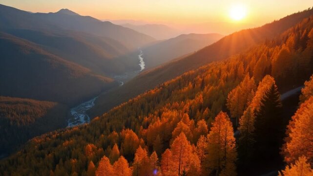 Aerial view of a bright autumn forest on the slopes of the mountains at sunrise