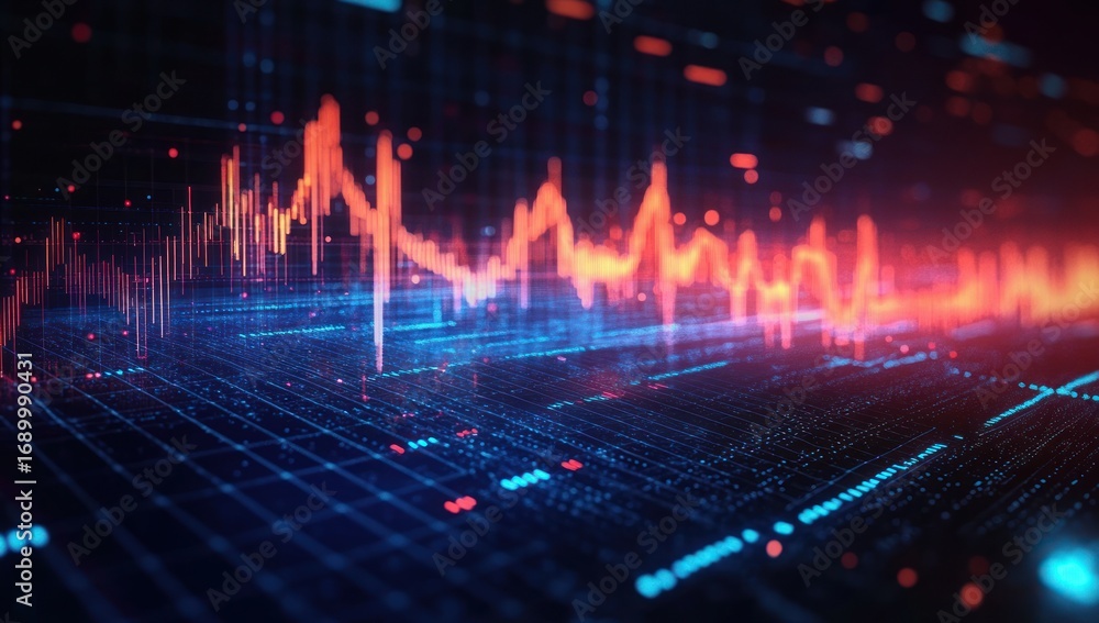 Fototapete digital visualization of fluctuating data with glowing red and blue graphs and grid lines depicting 