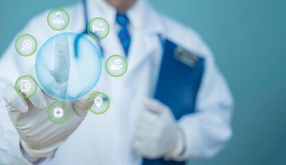 Doctor in white coat holding file touching digital healthcare interface. Medical icons, diagnostics technology innovation telemedicine future healthcare system.