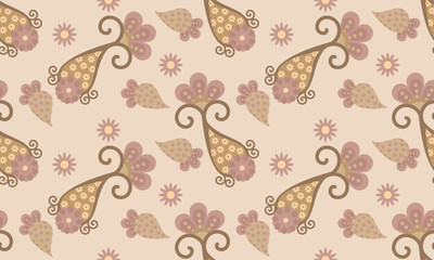 Decorative Paisley Seamless Pattern with Vintage Floral Ornaments in Beige Palette