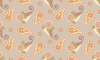 Seamless Paisley Floral Pattern with Ornamental Details in Soft Earth Tones