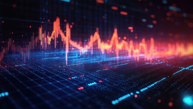 Digital visualization of fluctuating data with glowing red and blue graphs and grid lines depicting dynamic financial or technological information - Powered by Adobe